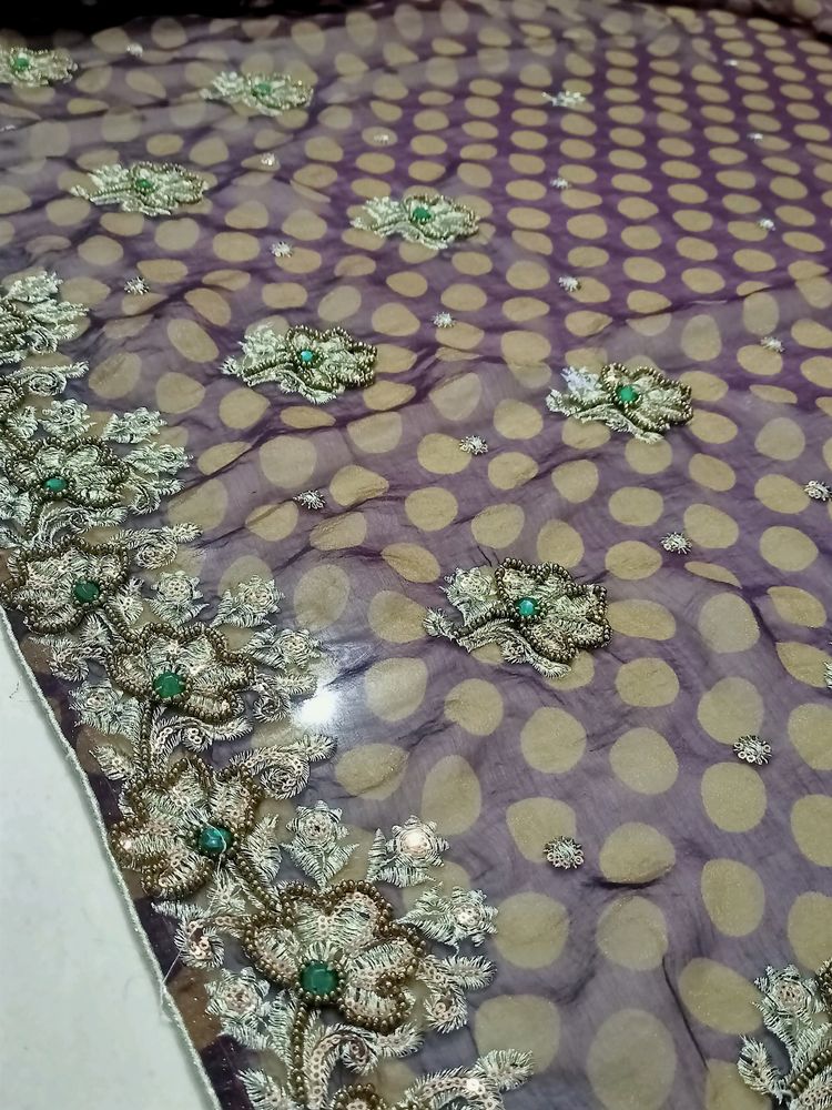 Wine-golden Dotted Embroidered Saree
