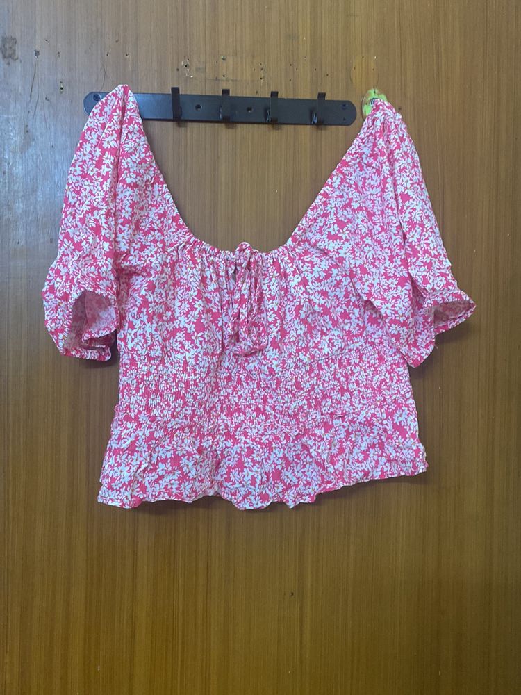 Floral Pink And White Crop Top Deep Neck And Back