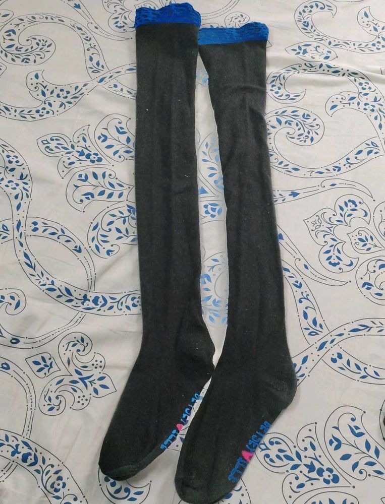 Black long Over-the-Knee Socks with Blue Trim