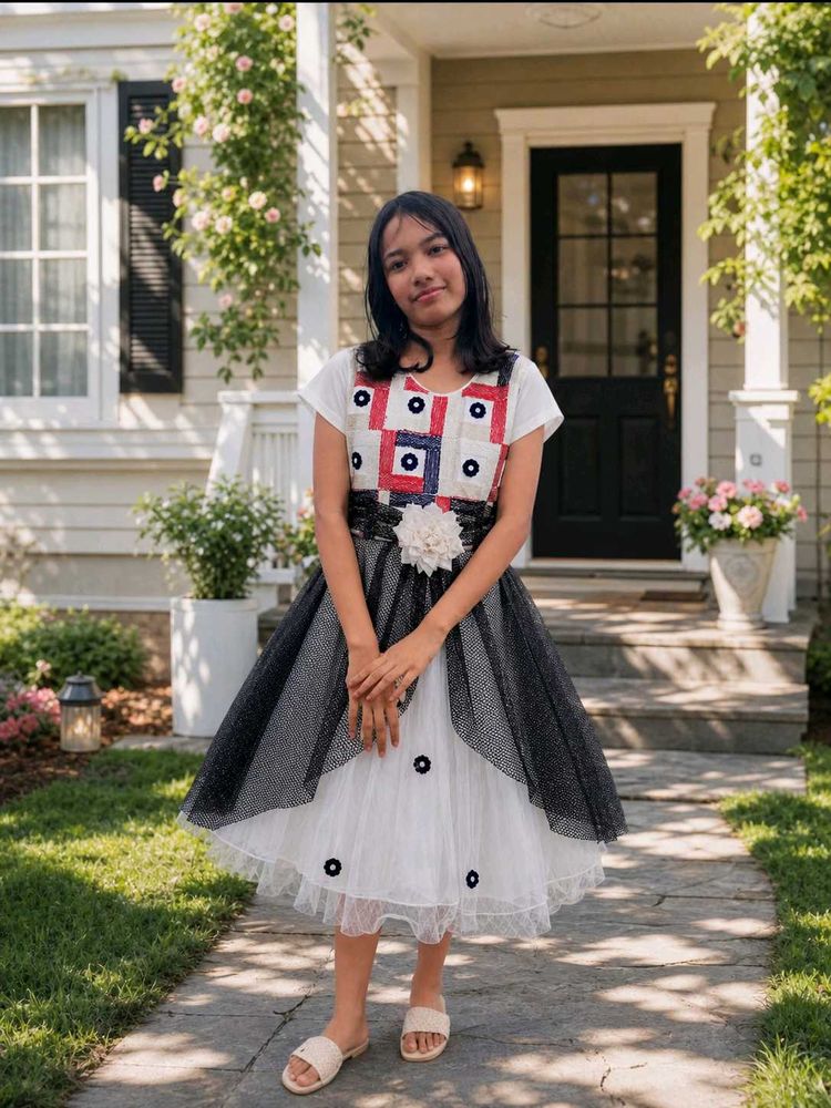 Girls White &amp; Black Party Dress