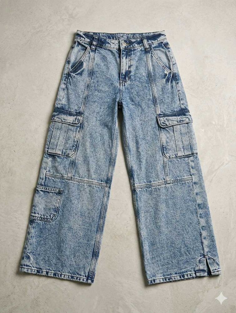 Acid Wash Wide Leg Cargo Jeans