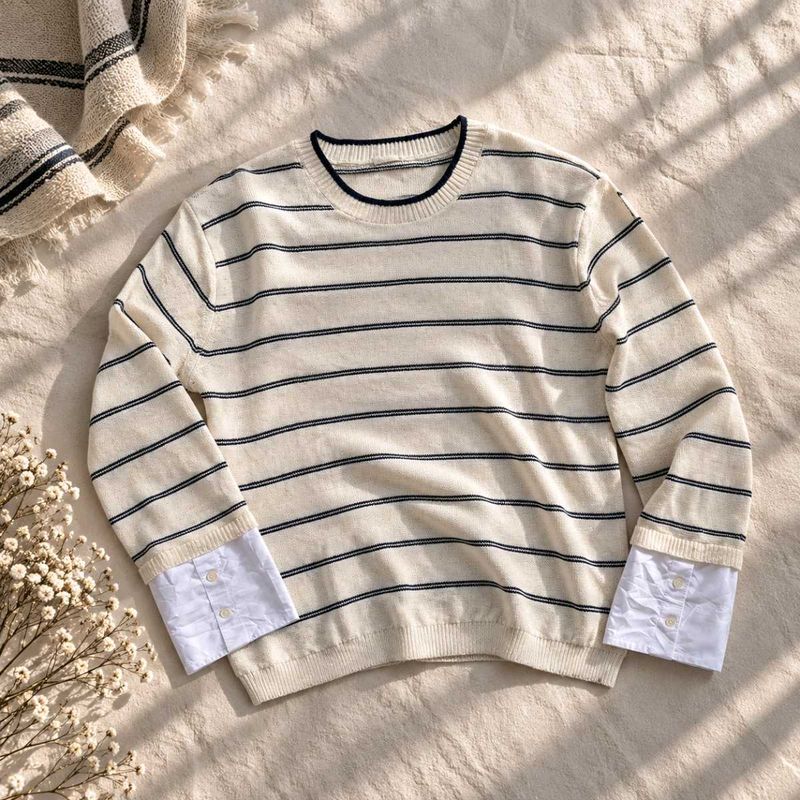 CREAM KNIT STRIPED SWEATER.