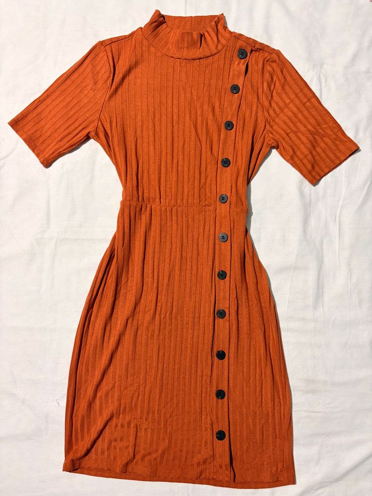 Max Rust Brown Ribbed Button-Up Dress