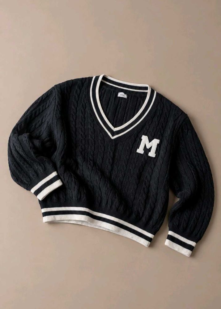 BLACK CABLE-KNIT VARSITY V-NECK SWEATER