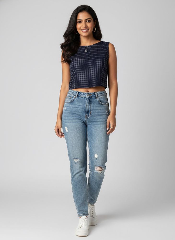 Navy Blue Grid Crop Top