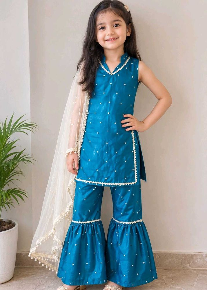 Kids Teal Sharara Set with Dupatta