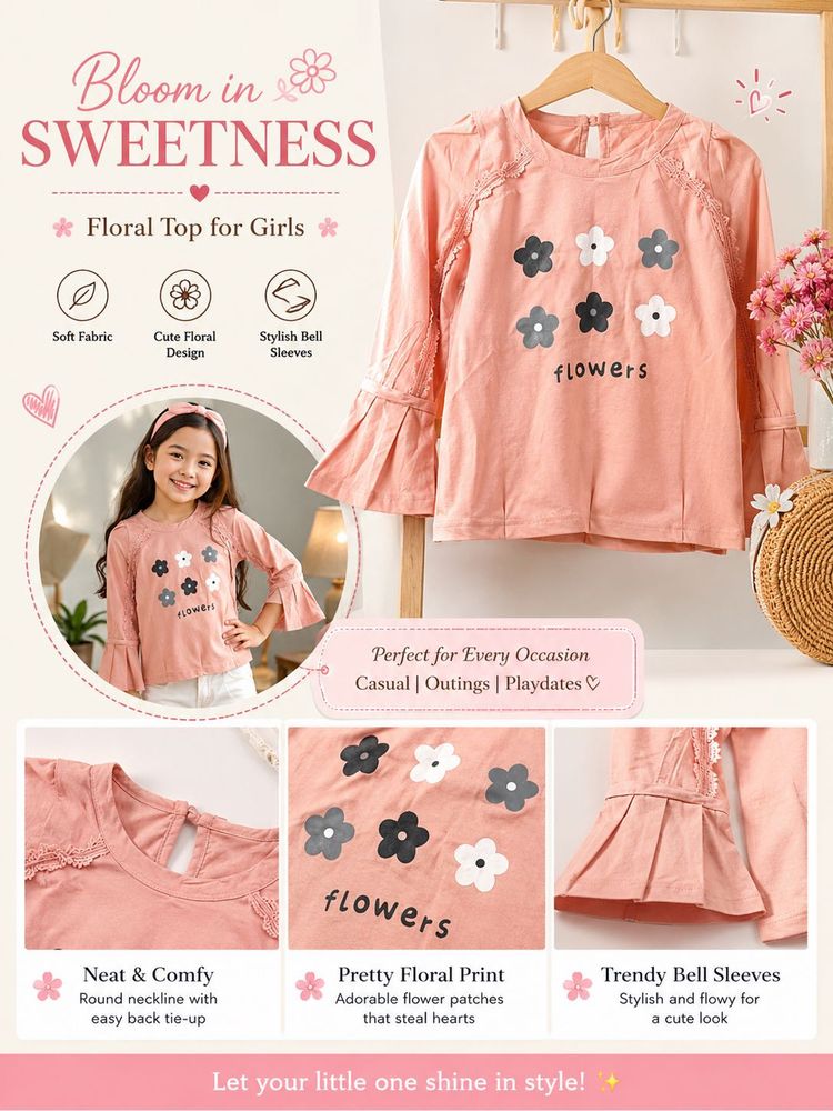 Girls Floral Bell Sleeve Top