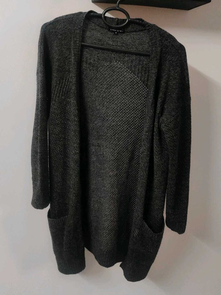 Chemistry Grey Longline Crochet Cardigan