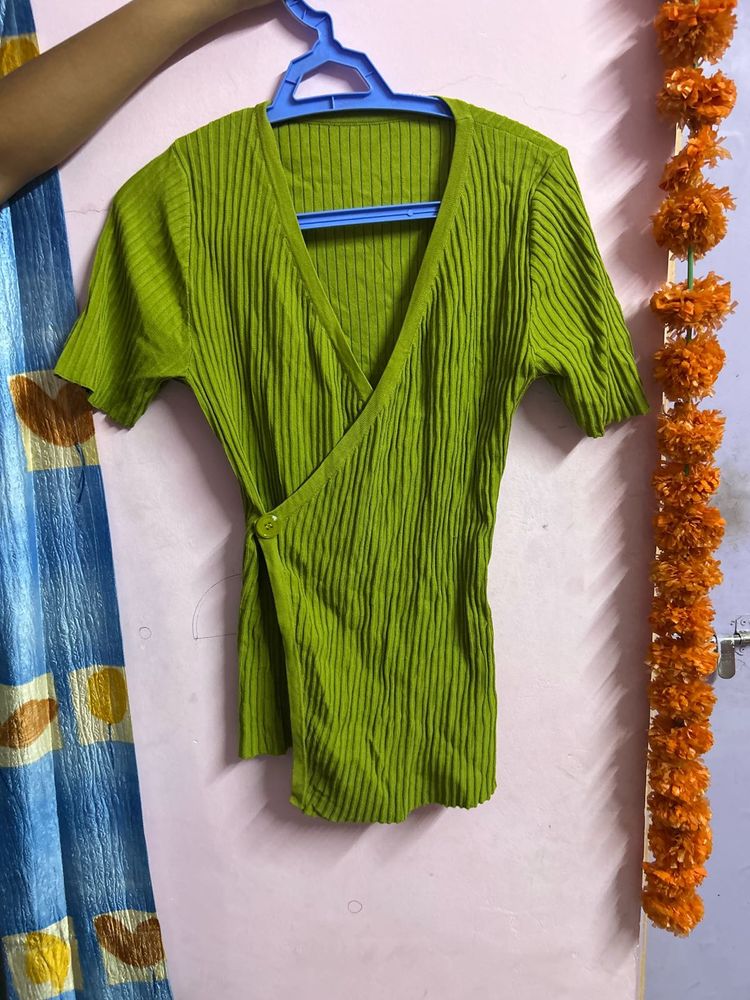 Lime Green Ribbed Wrap Top