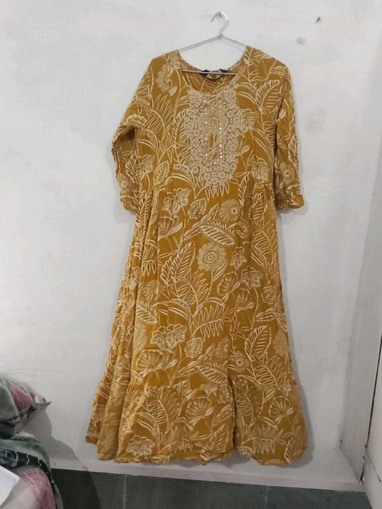 Stylish Mustard Yellow Floral Anarkali Dress