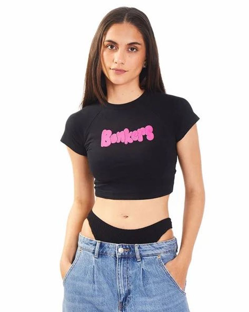 BONKERS CORNER black round neck cotton crop Tshirt