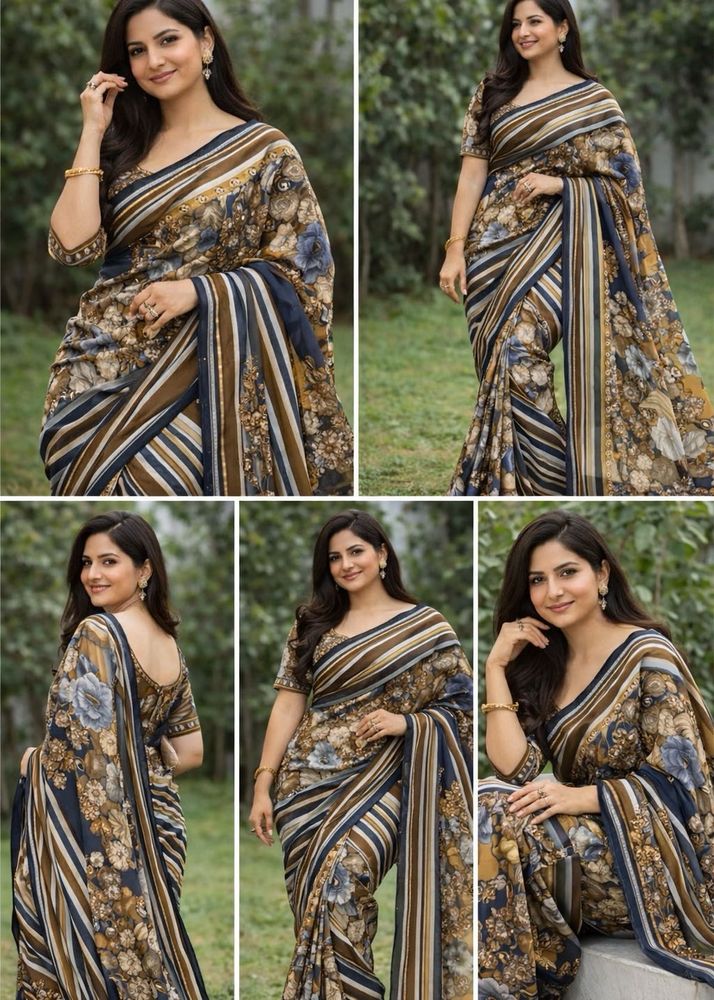 Elegant Floral &amp; Striped Saree