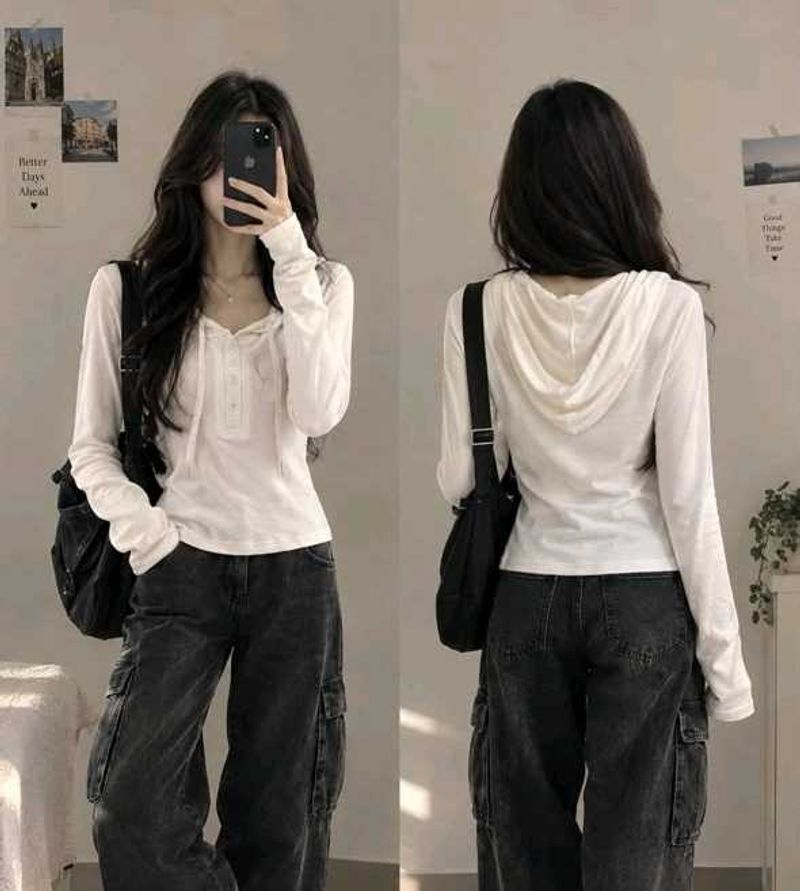 White Long Sleeve Hooded Top