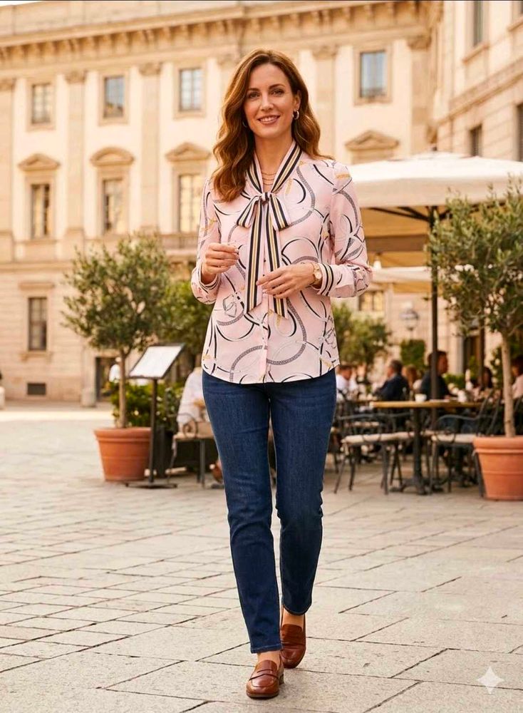 Pink Chain Print Blouse with Tie Neck