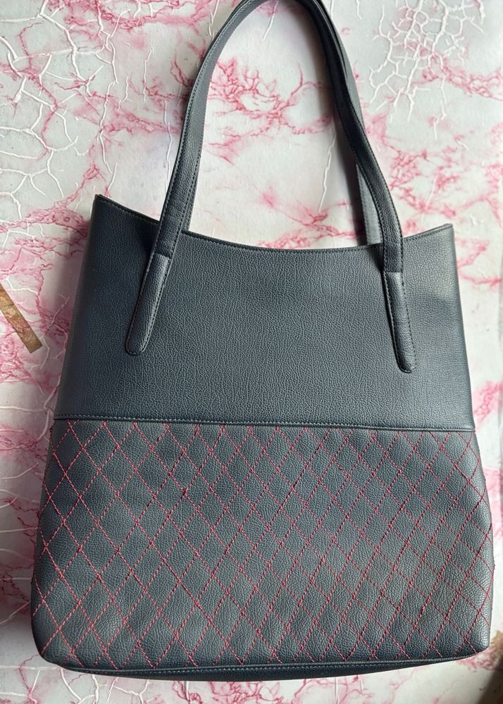 Blue  Tote Bag with Red Stitching