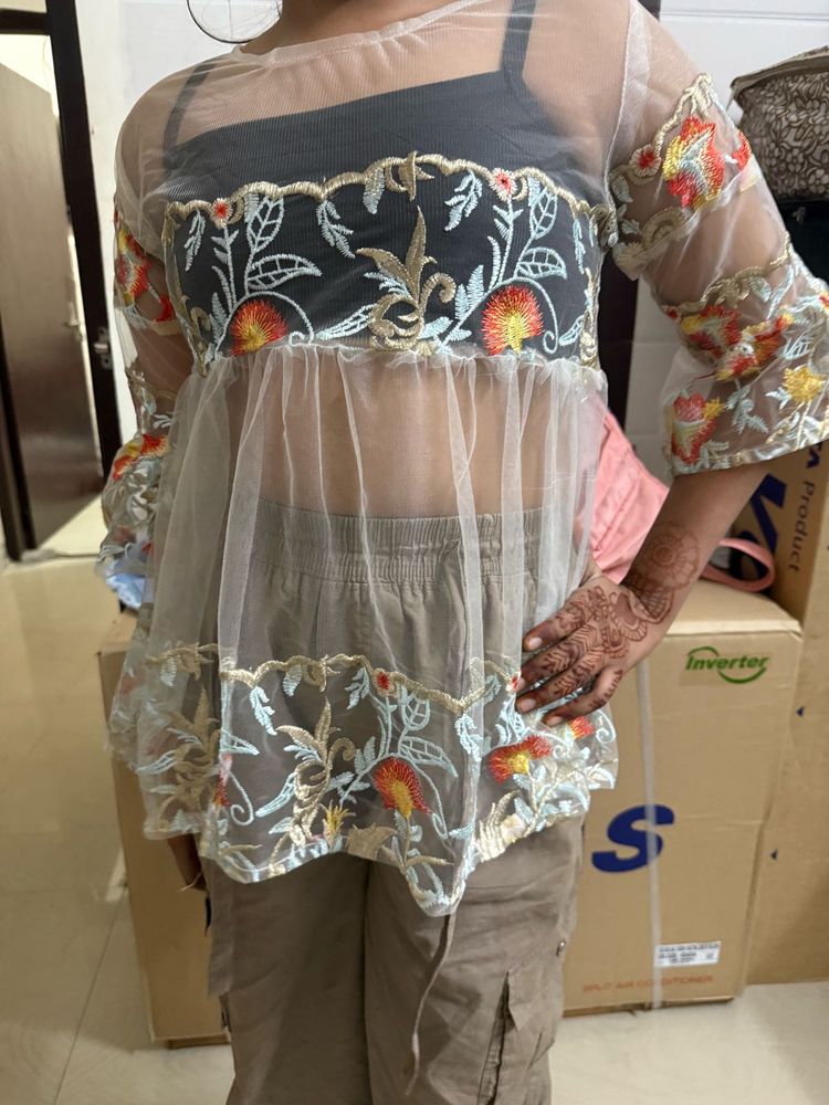 Sheer Embroidered Bell Sleeve Tunic Top