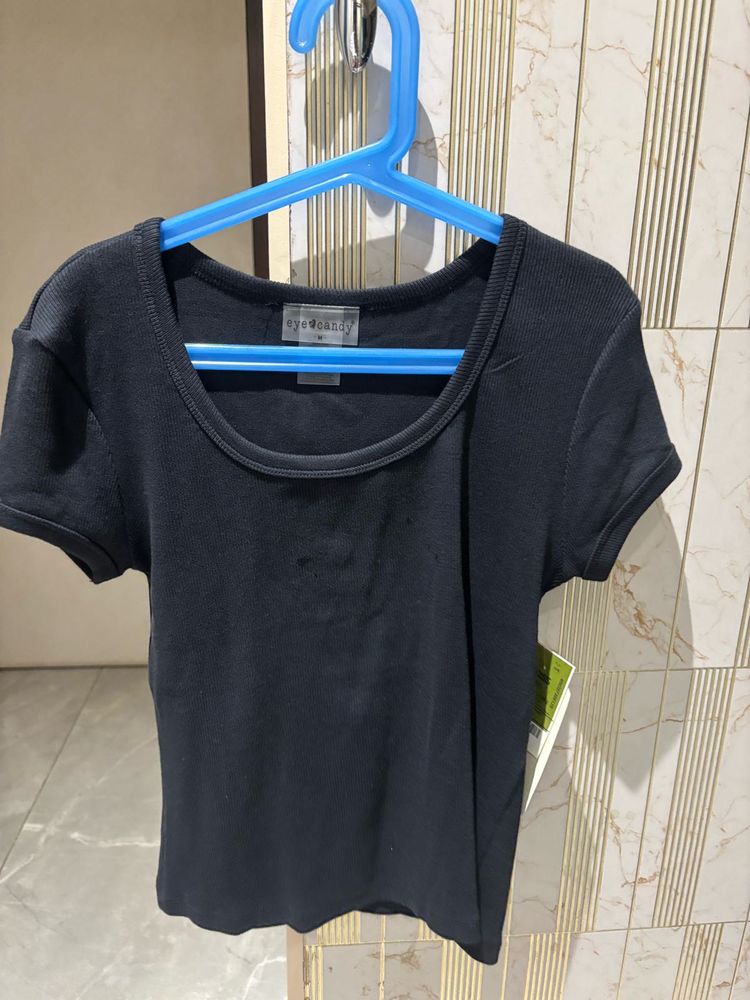 Black Ribbed Crew Neck T-Shirt