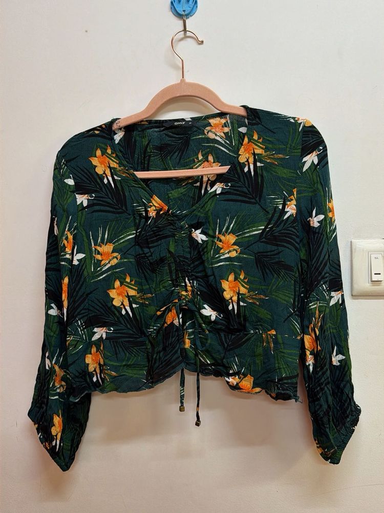 Green Floral Ruched Crop Top