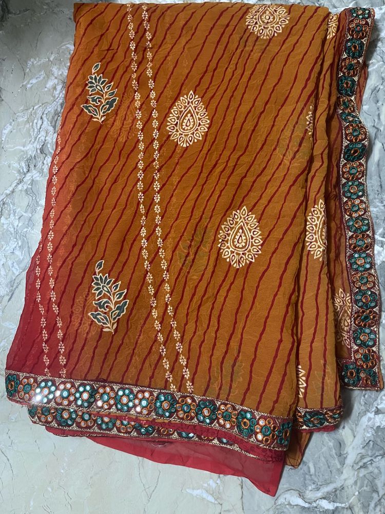 Red &amp; Mustard Color Saree With Mirrored Gota Patti