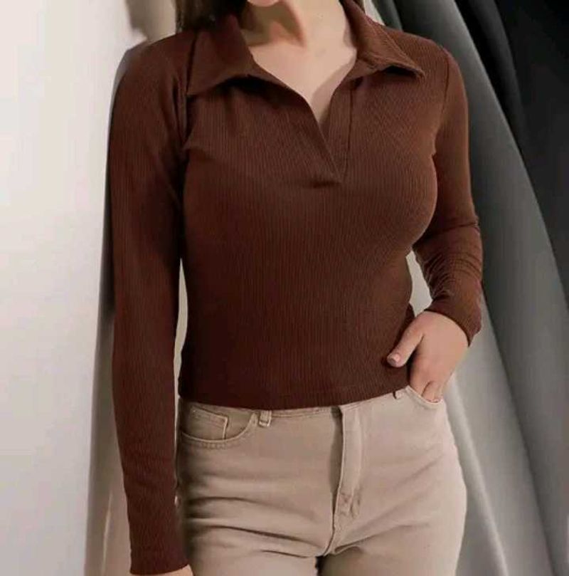 Brown Ribbed Collared Long Sleeve Top