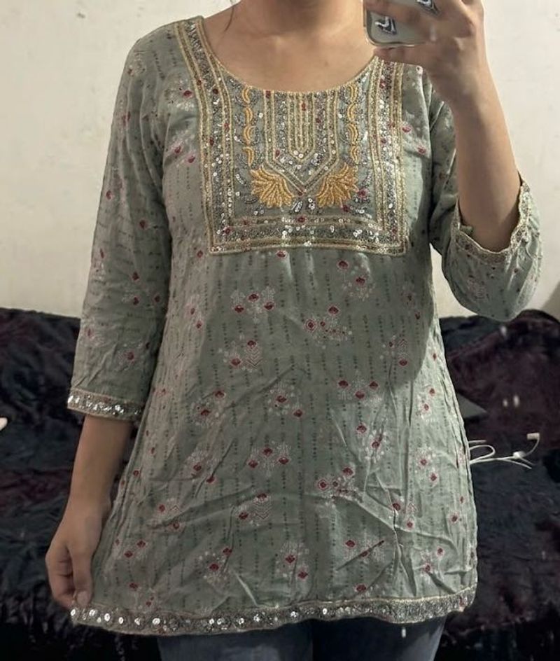 Olive Green Embroidered Short Kurti