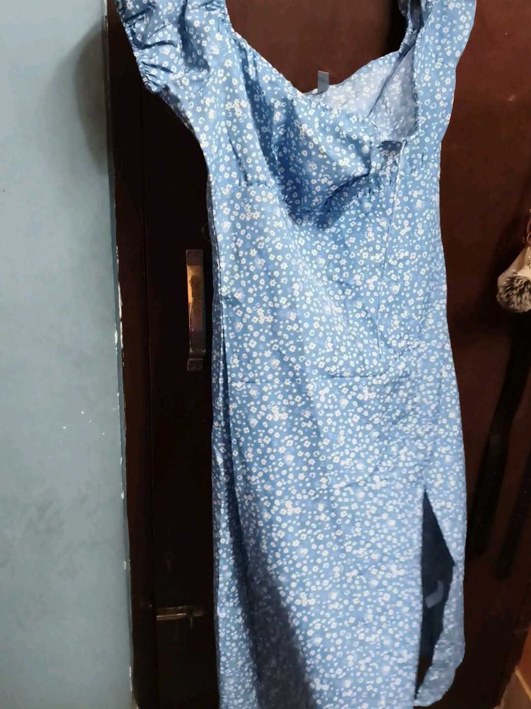 Front slit floral blue dress