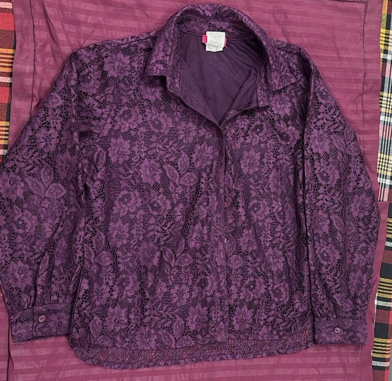 Elegant Purple Lace Button-Up Blouse