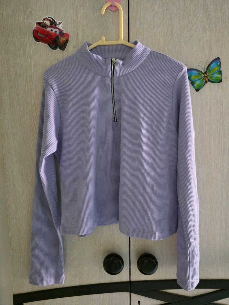 Lilac Ribbed Mock Neck Zip Top