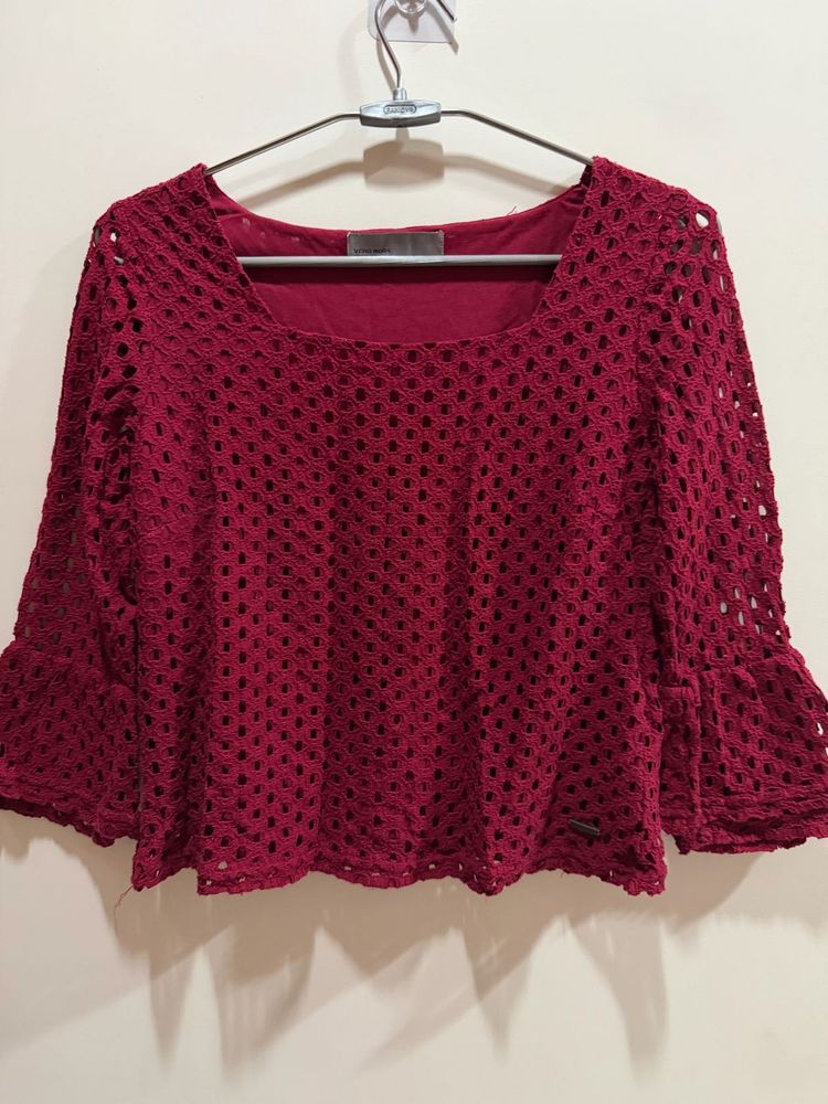 VERO MODA Red Crochet Lace Long Sleeve Top