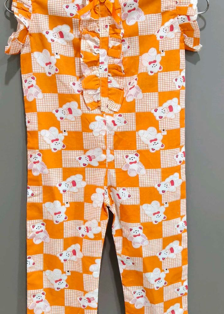 Cute Orange Bear Print Jumpsuit