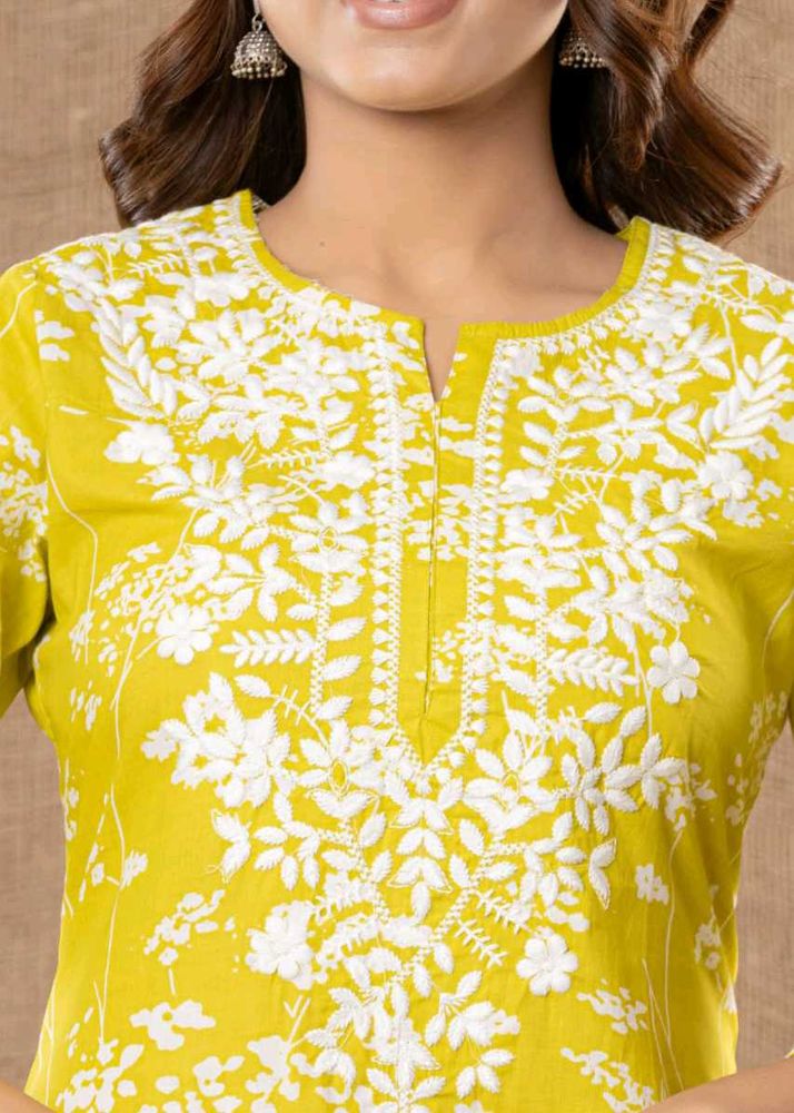 Yellow Kurta with White Embroidery