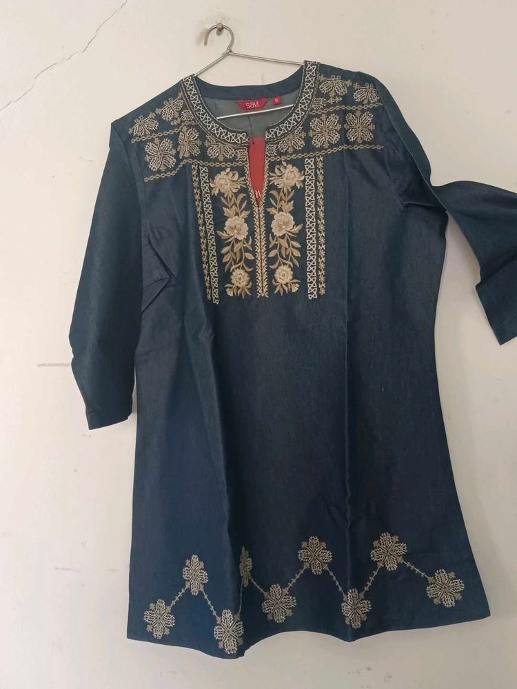Embroidered Denim Kurta