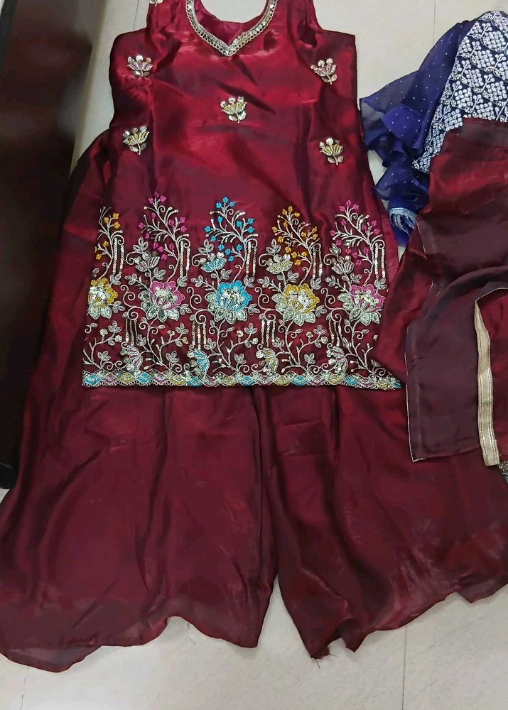 Maroon Embroidered Kurta Set with Palazzo
