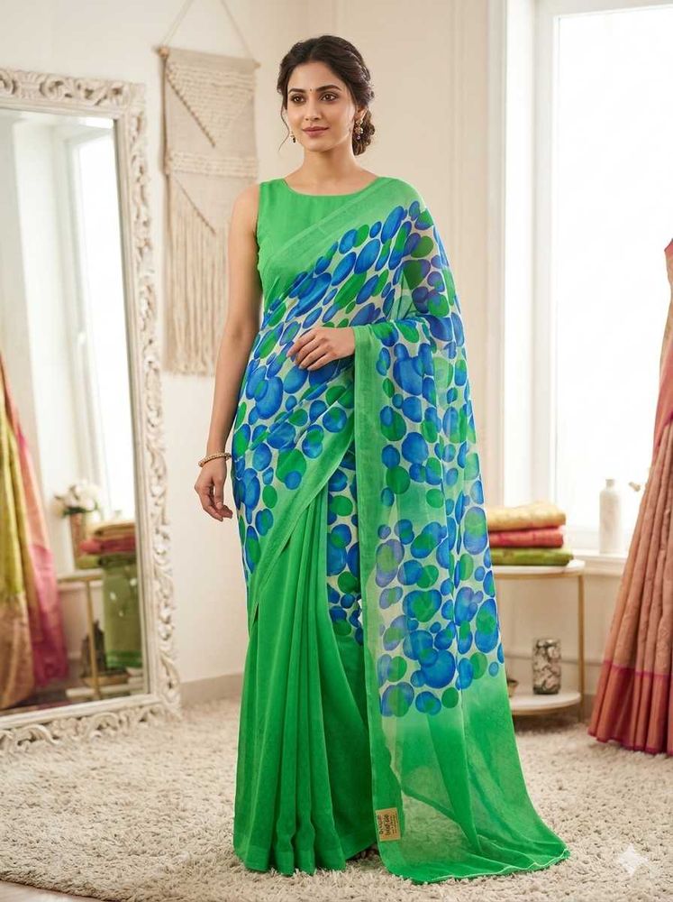 Vibrant Green Saree with Blue Bubble Print