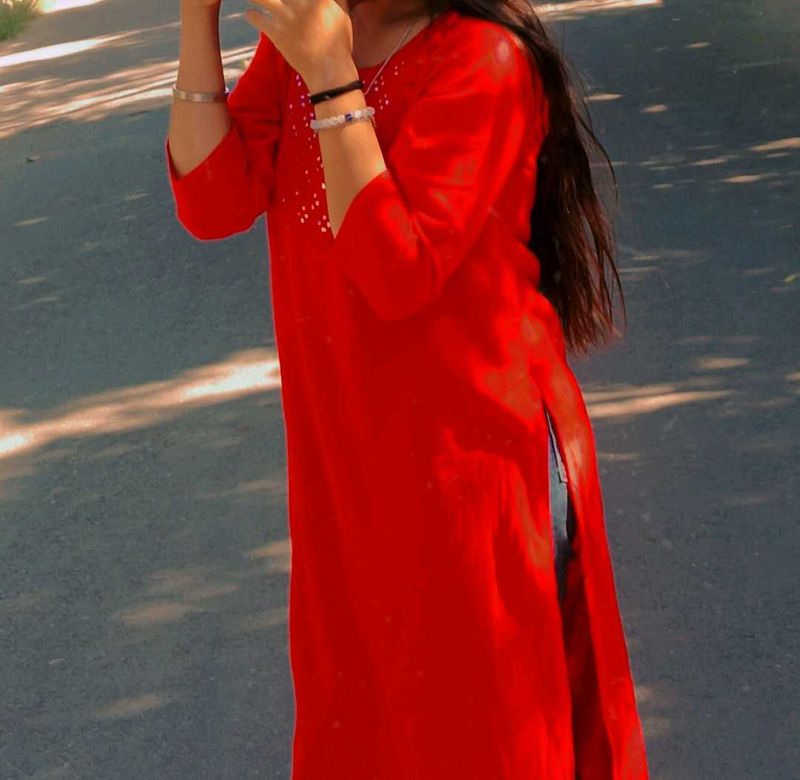 Red Embroidered Kurta