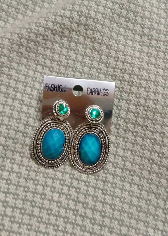 Brand New Blue Colour Stoned Black Metal Earrings