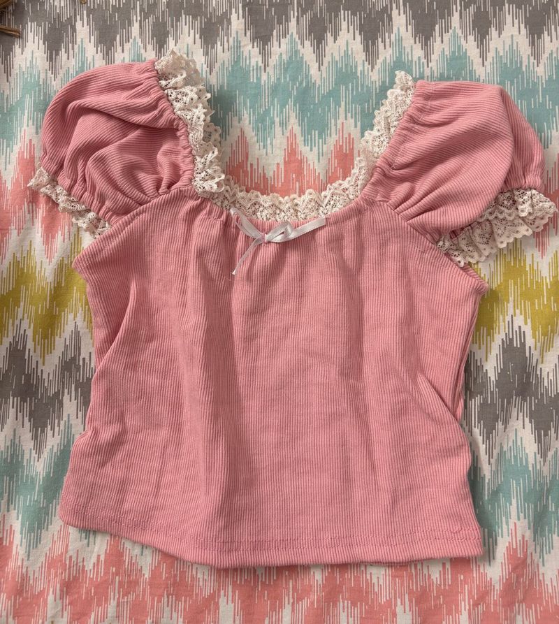 Cute Pink Lace Trim Top