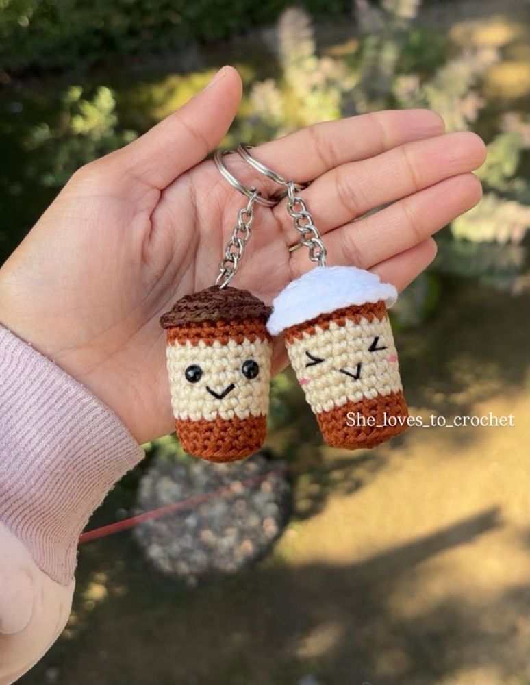 2 Cute Crochet Coffee Cup Keychains