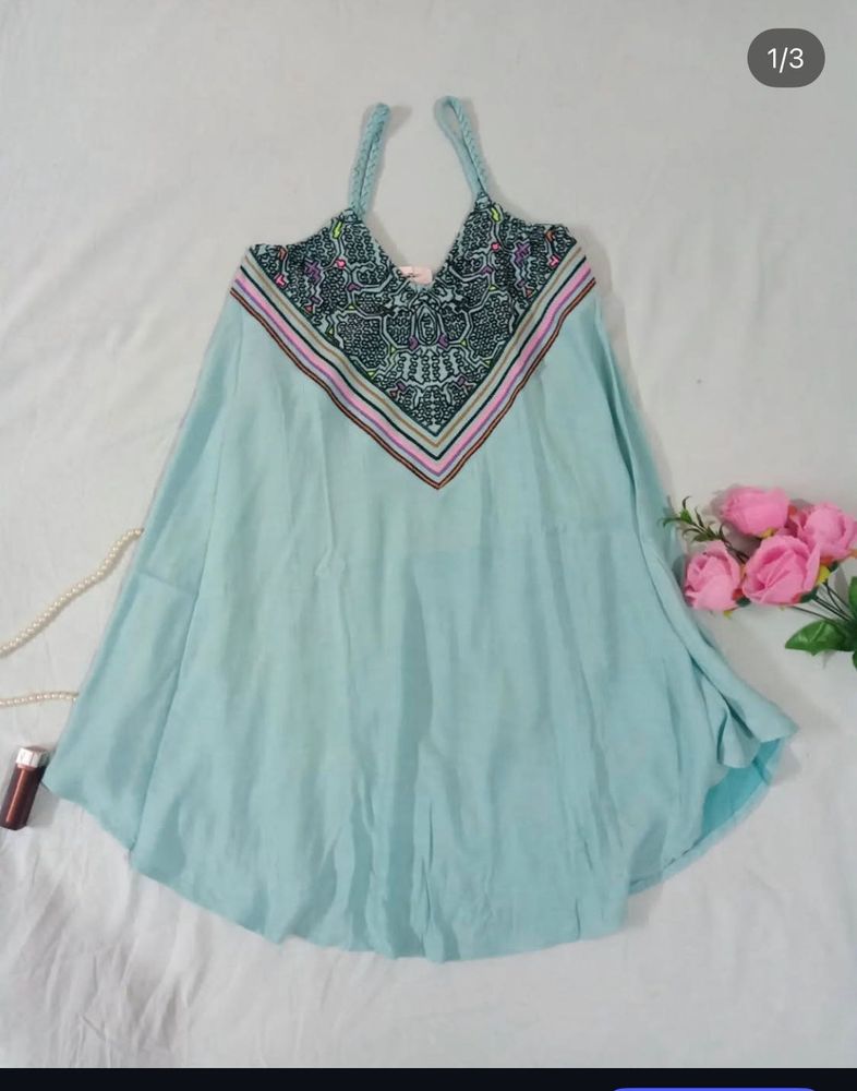 Light Blue Embroidered Halter Dress