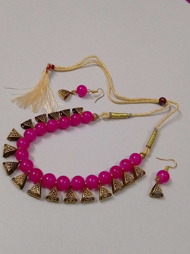 Pink Beaded Necklace &amp; Earring Set