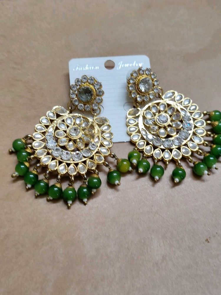 Statement Earrings with Green Beads