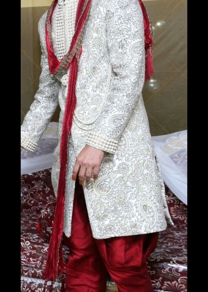 Wedding Sherwani Men Manyavar Red, White &amp; Cream