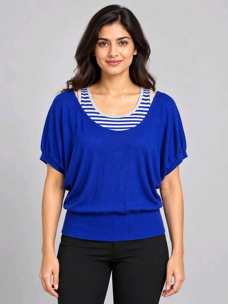Blue Dolman Sleeve Top with Striped Underlayer