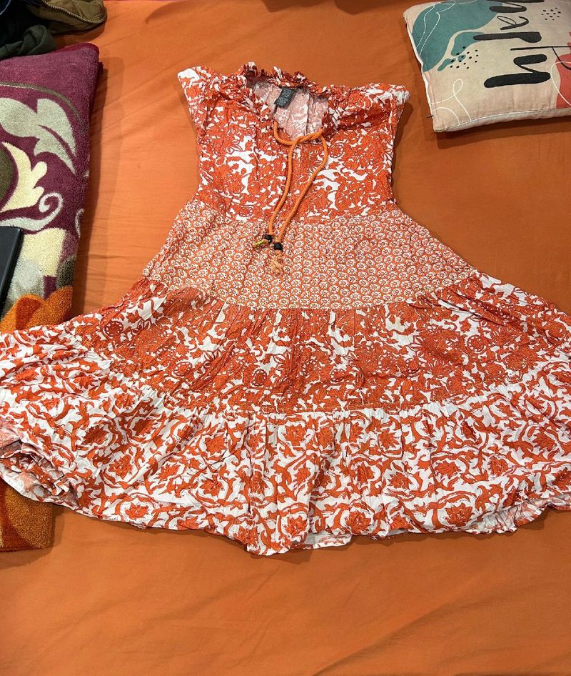 Boho Orange Floral Tiered Midi Dress