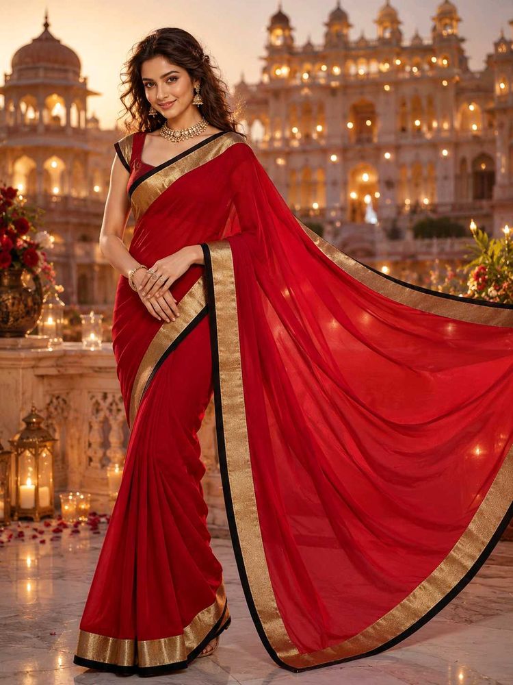 Vibrant Red Saree with Gold Border