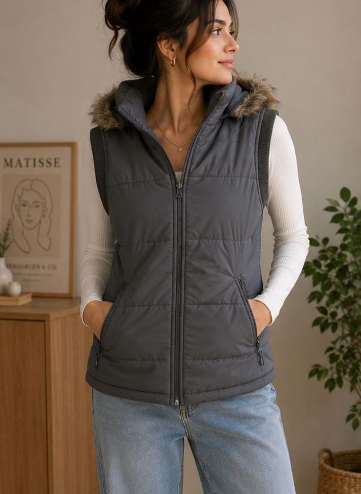 Puffer Vest with Fur Hood in y2k style