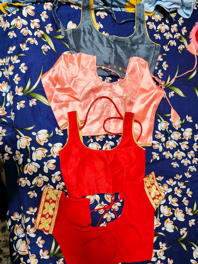 3 Indian Ethnic Blouses - Red, Peach, Grey