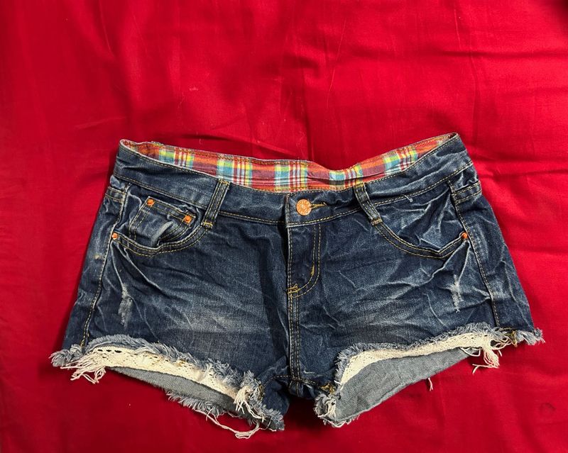 Distressed Denim Shorts with Lace Trim