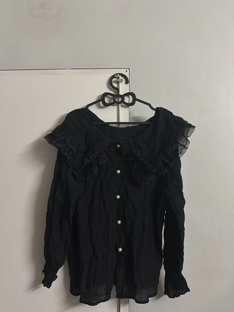 Elegant Black Ruffled Collar Blouse