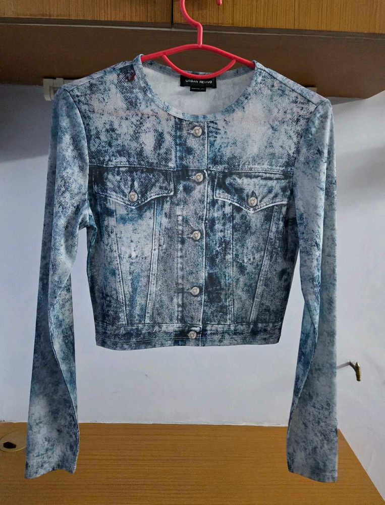 URBAN REVIVO Denim Print Cropped Top